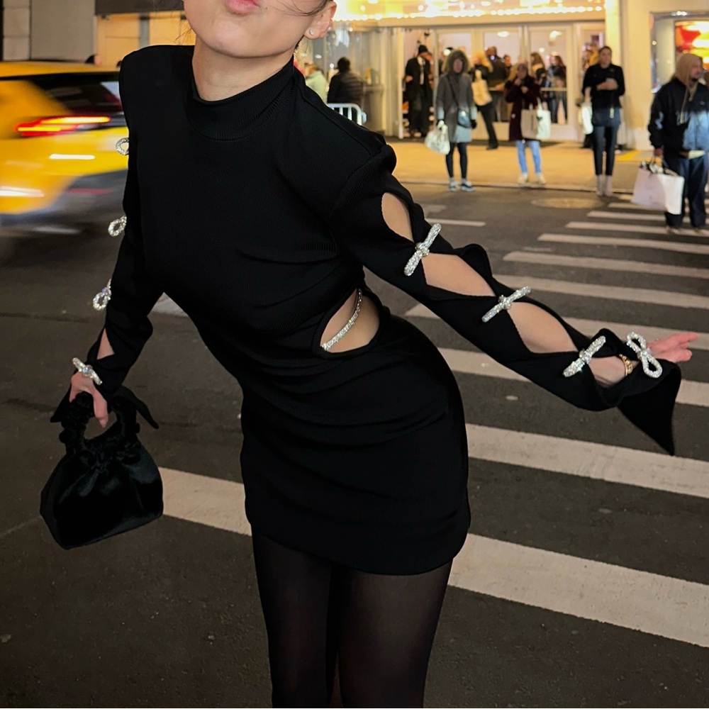 Mach & Mach crystal bow long sleeve dress